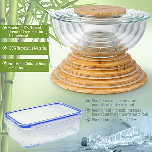 Stackable Space-Saving Set of 5 Nesting Glass Bowls with Bamboo Lids for Foodprep, Storage, Baking, Mixing & Cooking, Microwave & Oven Safe BPA Free Heat Resistant Inert Borosilicate Glass - color: 5 Mixing Bowls with Bamboo Lids