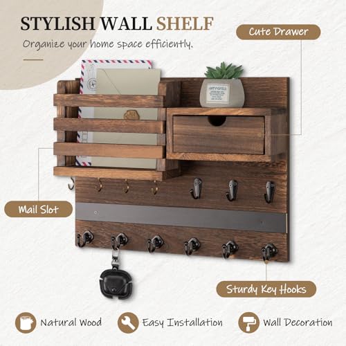 Nekon Key Holder Wall Mount, Rustic Mail and Keys Shelf for Wall Organization with 13 Hooks, Home Decor Accessory with Drawer, Brown - color: Brown