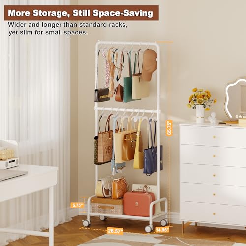 Hayexiha 3-Tier Purse Organizer for Closet with 16 Wide Hooks, Rolling Purse Rack Stand with Wheels for Purse Storage, Adjustable Handbag Organizer, Large Tall Purse Storage Organizer for Small Place