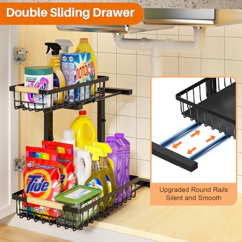 REALINN Under Sink Organizer, 2 Pack Height Adjustable Under Sink Organizers and Storage, 2 Tier Pull Out Drawer Cabinet Storage for Kitchen Bathroom - color: Black, size: 2 Pack