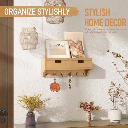 Rebee Vision Key Holder Wall Mount with 2 Drawer Organizer & Key Hooks - Farmhouse Key and Mail Holder for Wall with Shelf for Room Decor Aesthetic - Rustic Home Organization (Light Brown) - color: Light Brown, style: 2-Drawer