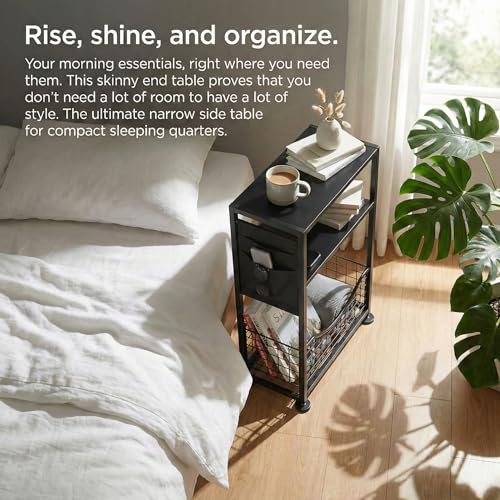 Skinny Side Table with Storage, 3 Tier Slim Side Tables for Small Spaces, Skinny End Table Narrow Bedside Table Narrow Side Table for Living Room, Bedroom - color: Black