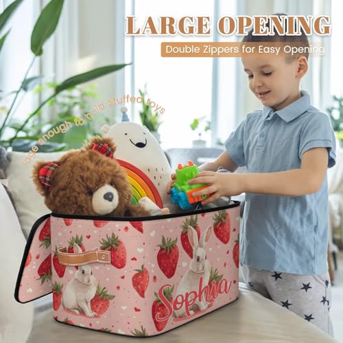 Custom Storage Basket with Name, Personalized Storage Bins with Zipper Lid, Foldable Fabric Storage Box Large capacity with Handle Strawberry Rabbit - color: Option 24