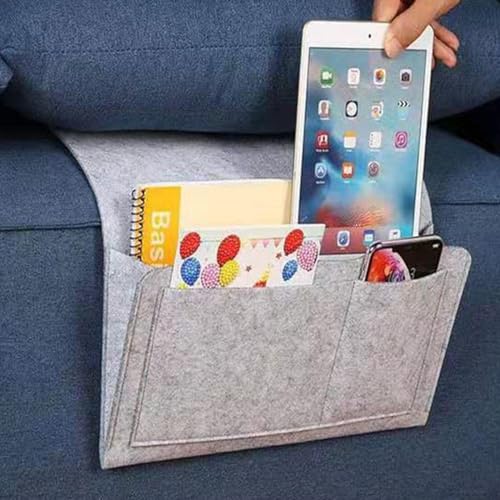 Bringsine 5 Pockets Bedside Caddy, Felt Bed Storage Organizer Hanging Bag Holder for Magazine Book Phone Tablet iPad Cables Remote and Water Bottle Holder Home Dorm Bed Sofa-Light Gray - color: Light Gray, size: 5 Pockets + Bottle Holder