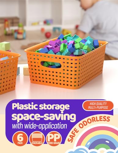 WYT 6-Pack Plastic Small Shelf Storage Weave Baskets Organizing for Cabinets and Pantries, Orange - color: Orange, size: 6-Pack