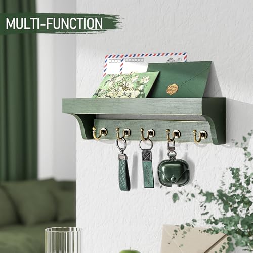 Rebee Vision Farmhouse Pine Wood Key Holder Wall Mount with Shelf for Home Improvement - Rustic Wall Mail Holder for Farmhouse Room Decor - Perfect Mail Organizer for Home (Green) - color: Green