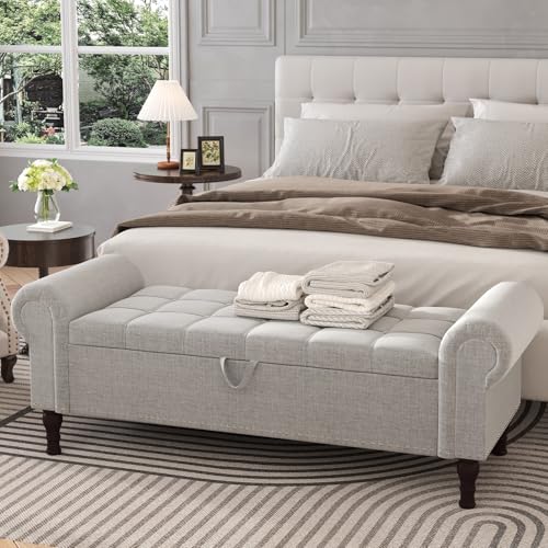 Apicizon 51” Bench with Storage, Upholstered Tufted Button Bedroom Bench with Storage, Linen Ottoman Bench for Bedroom, Living Room, Entryway, Light Gray - color: Light Gray, size: 51 Inches