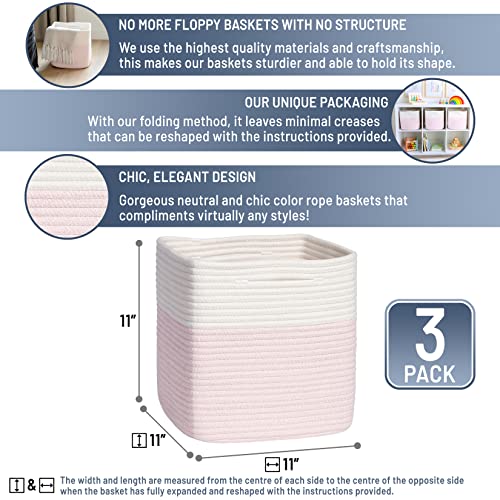 NaturalCozy Storage Cubes 11 Inch Cotton Rope Woven Baskets for Organizing, 3-Pack | Cube Storage Bin | Square Storage Baskets for Shelves Organizer, Classroom, Kids Toy Bins, Closet, Baby Nursery - color: Off White & Mixed Pink