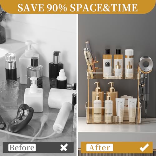 Bathroom Counter Organizer for Vanity, Makeup Organizer Countertop with Holder, Large Capacity Storage Rack, Perfect Large Skincare, Hair Care, Perfume, Easy to Install (Gold, 2Tiers) - color: Amber, size: 2 Tiers