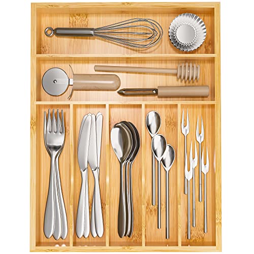 Flatware Organizer Silverware Drawer Organizer - 7 Slots Bamboo Cutlery Tray Multipurpose kitchen Drawer Organizer for Silverware, Utensils, Cutlery, Flatware, Knives W13”x L17” (Yellow) - color: Yellow, size: 7 Slot