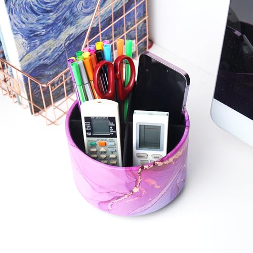 Round Leather Art Supply Organizer,Remote Control Holder,360-degree Rotating Pen Organizer with 4 Compartments(1-Purple Blue Splash Ink) - color: 1-Purple Blue Splash Ink