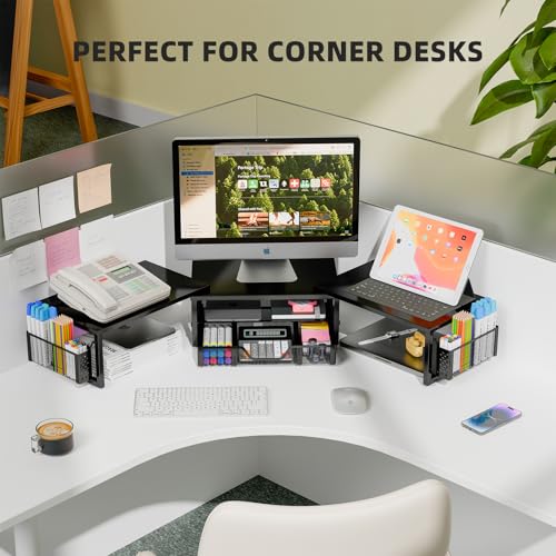 Simple Trending Desk Organizers and Accessories, Dual Monitor Stand Riser with Drawer and 2 Pen Holder, Shelf for Top of Desk, Black