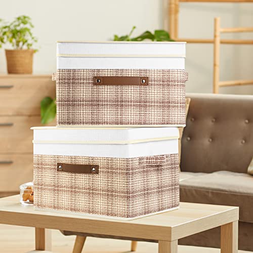 TYEERS Collapsible Storage Bins with Lids, Patchwork Design, Washable, Fabric Storage Boxes, 14.9x9.8x9.8 inches, 5 Pack, Camel Tan - color: Camel Tan & White, size: 5-pcs 14.9x9.8x9.8 in