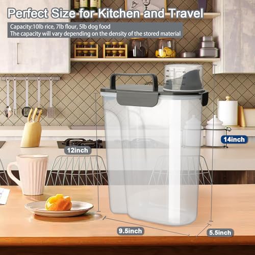 Komzon Rice Container, Airtight Rice Storage Container 10lb, Cereal Containers Storage, BPA Free Food Dispenser with Pouring Spout Handle for Flour Pasta Grain, Pet Dog Cat Bird Food Storage Container - color: 10lb Grey