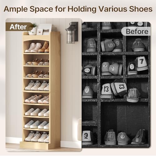 YATINEY 9-Tier Tall Shoe Rack, Wooden Shoe Storage Organizer, Narrow Shoe Cabinet with Removable Shelves for Small Spaces, Holds 18 Pairs of Shoes, for Entrance, Hallway, Natural SS22NL - color: Natural, size: 18.9"L x 13.4"W x 65.7"H