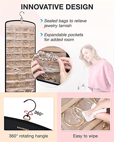 BAGSMART Hanging Jewelry Organizer, Necklace Holder Anti-tangle Earrings Rings Hanger with 20 Jewelry Bags Travel Storage Roll with Pockets Hang on Closet, Wall, Door,1 Piece, Large, Black - color: Black, size: Large - Standard