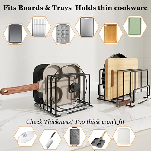 2 Pack Cutting Board Organizer and Pot Lid Holder, Kitchen Cabinet Organizer Rack with 7 & 5 Compartments, Heavy-Duty Iron Baking Sheet Pan Organizer with Non-Slip Base, Space-Saving Kitchen Storage - color: 2 Pack - Black