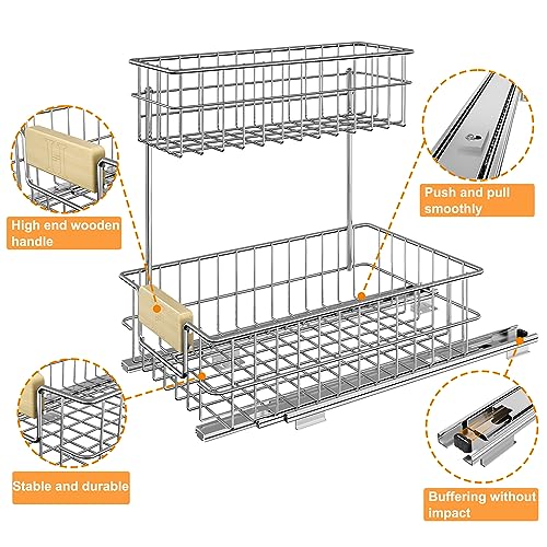 ROOMTEC Pull Out Cabinet Organizer Under Sink Slide Out Storage Shelf with 2 Tier Sliding Wire Drawer, Sliding Storage for Inside Kitchen Cabinet- 11½ in. W x 17¾ in. D (Left) - color: 11.5"W*18"D(Wood Handle-Left)