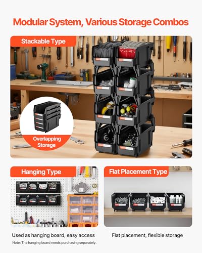 VEVOR Plastic Stackable Storage Bins, 10.9 x 5.5 x 5.1 inch (8 Pack), Plastic Containers for Organizing and Storage Bins for Closet, Garage, Small Parts, Office Supplies and Other Accessories, Black - color: Black, size: 5L