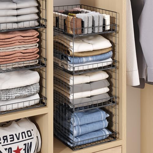 4 Pack Closet Organizers and Storage Shelves for Clothes, 4 Tier Stackable Closet Storage Basket Bin Container for Clothing Sweater Jean, Narrow, Foldable, Sturdy Metal System Organizer Shelf - color: Black