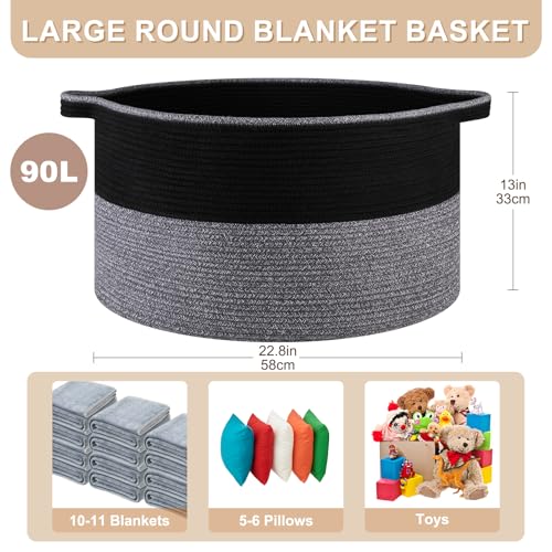 OIASKET Large Blanket Basket with Handles, 22.8" x 22.8" x 13" Woven Storage Basket for Living Room, Cotton Rope Baby Toy Storage for Clothes, Pillows, Towels-Black and Grey - color: Black & Grey, size: 90L
