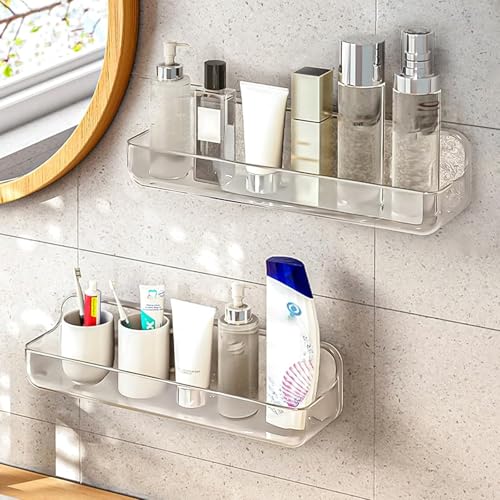 Diesisa 2pc Acrylic Wall Mount Organizer, Adhesive Shelf, Bathroom Shelves for Wall, Self Adhesive Organizer, Shower Caddies, No Drilling Hang Wall,with 3pack Tapes, for Bathroom, Kitchen, Living Room - color: 2pcs-clear