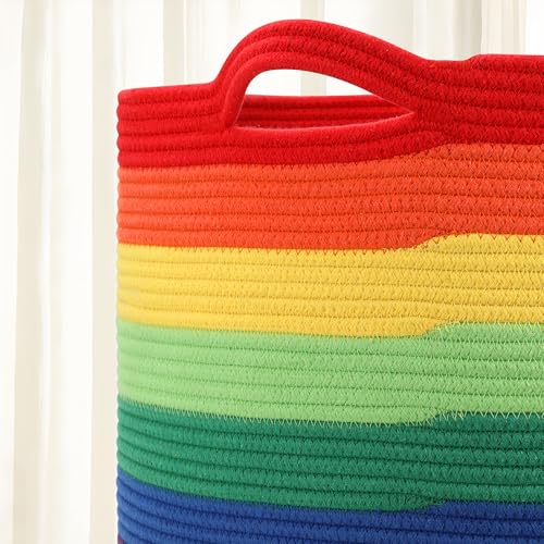 Large Blanket Basket (20"x13"),Woven Basket for Storage Dirty Clothes Basket for Laundry, Living Room, Nursery, Bedroom Rope Storage Basket for Blankets（Rainbow) - color: Rainbow