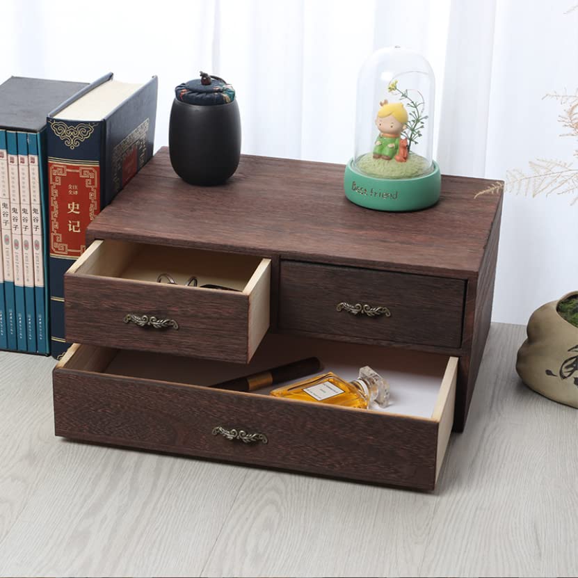 Wood Desktop Organizer Wooden Storage Cabinet with 3 Drawers Tabletop Counter Jewelry Storage Small Organization Box for Home Office Supplies (13 * 9 * 6in)