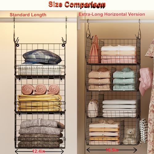 4 Tier Hanging Closet Organizer with Dividers,Extra Large Storage Hanging Shelf with 5 S Hooks 4 Dividers,Hang on wire closet shelving Clothes Organizer-Black - color: Black, size: 4-Tier
