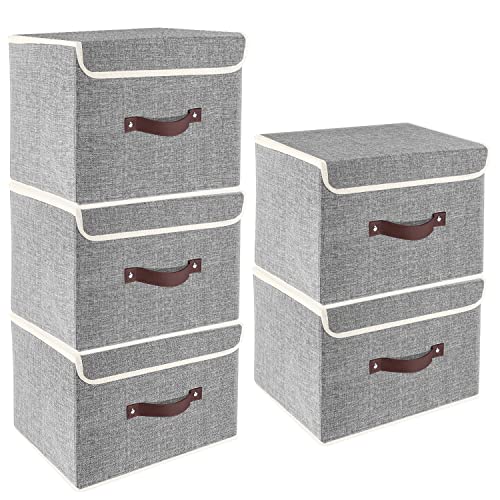 TYEERS Foldable Storage Boxes with Lids 5 Pack Fabric Storage Bins with Lids, Closet Organizers for Clothes Storage, Room Organization, Office Storage, Toys - Gray - color: Gray, size: 5-pcs 14.9x9.8x9.8 in