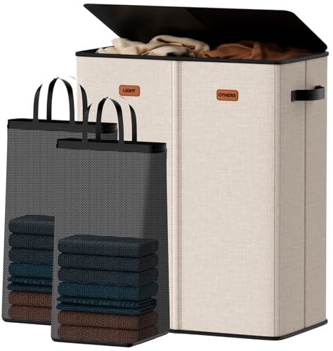 150L Double Laundry Hamper With Lid, Large Clothes Hampers with Removable Bag, Laundry Hamper 2 Section for Bathroom, Bedroom, Laundry Room, Dorm - color: Beige, size: 150L - 2 Section