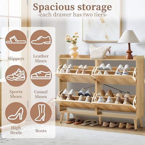 Bifins Shoe Storage Cabinet with 4 Wavy Fluted Flip Drawers, Modern 47.2” Wide Hidden Narrow Shoe Rack Cabinet for Entryway Foyer Hallway (Natural Oak 4 Drawer) - color: Natural Oak 4 Drawer