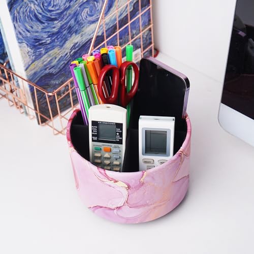 Round Leather Art Supply Organizer,Remote Control Holder,360-degree Rotating Pen Organizer with 4 Compartments(1-Pink Splash Ink) - color: 1-Pink Splash Ink