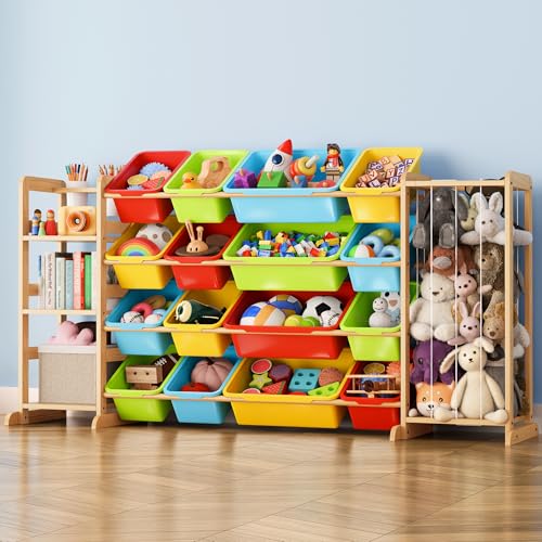 Toy Storage Organizer with Bookshelf and Stuffed Animal Storage - Playroom Organization with Shelves and 12 Bins - Living Room Box for Lego - Nursery Bedroom Decor Essentials - color: multicolored, size: 67"W,3 Shelves,16 Bins