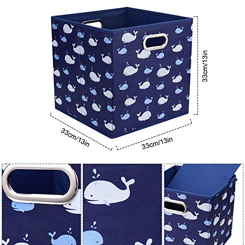 13x13x13 Inch Collapsible Storage Cubes, 3 Pack - Blue Nautical Ocean Themed with White Whale Pattern, Sturdy Cloth Cubes with Cardboard Support for Cubby Storage - color: Navy Blue-Whale