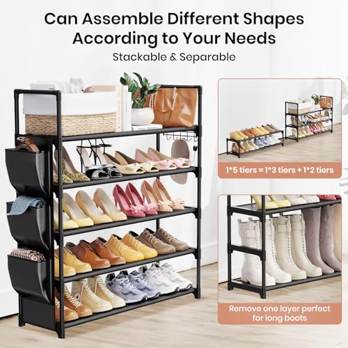 VILICK 5 Tier Shoe Rack with Hook and Side Pocket,Shoe Organizer Space Saver Storage for 20-25 Pair Shoe Storage Shelf Sturdy Free Standing Long Shoe Rack Organizer for Closet,Entryway,Small Spaces - color: Black, size: 33.5"W - 5 Tier