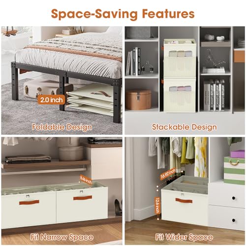 Shoe Organizer for Closet, 2-Pack Foldable Shoe Storage Box with Adjustable Dividers & Clear Cover, Fits 16 Pairs, Beige, Durable and Space-Saving - color: Beige, size: 2 Pack