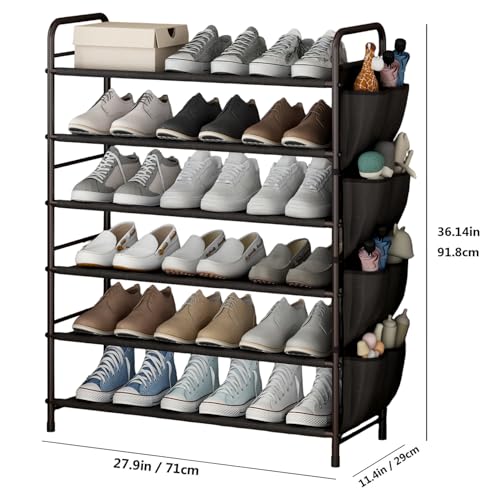 SUOERNUO Shoe Rack Storage Organizer 6 Tier Free Standing Metal Shoe Shelf Shoe Organizer with Side 8 Shoes Pockets for Entryway Closet Bedroom,Bronze - color: Bronze, size: 6 Tier