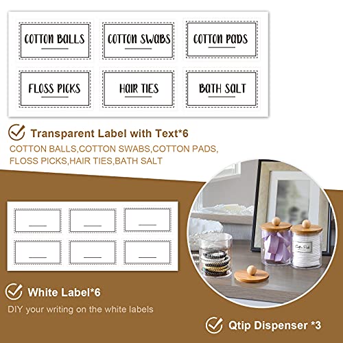 3 Pack Qtip Holder Dispenser with Bamboo Lids - 10 oz Clear Plastic Apothecary Jar Containers for Vanity Makeup Organizer Storage - Bathroom Accessories Set for Cotton Swab, Ball, Pads, Floss - size: 3 Pack of 10 oz