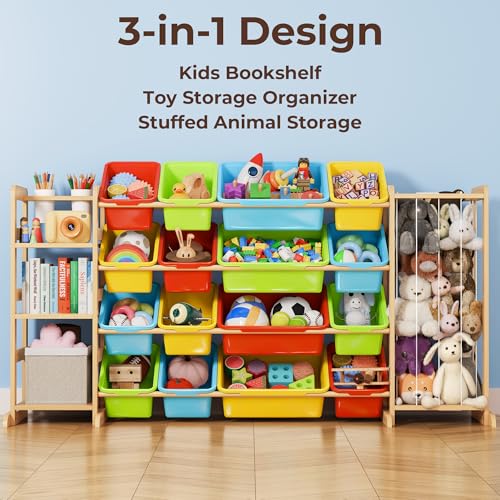 Toy Storage Organizer with Bookshelf and Stuffed Animal Storage - Playroom Organization with Shelves and 12 Bins - Living Room Box for Lego - Nursery Bedroom Decor Essentials - color: multicolored, size: 67"W,3 Shelves,16 Bins