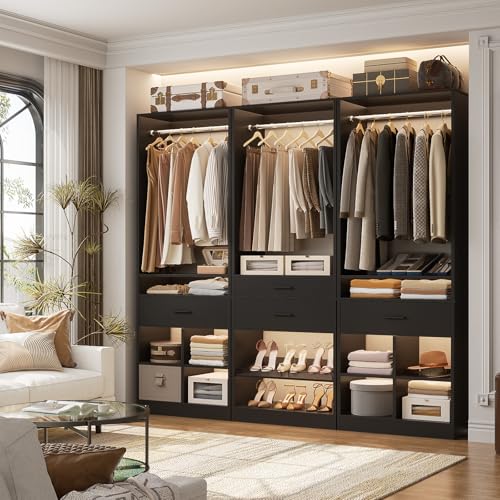 Unikito 50" W x 80" H Closet Organizer Storage System with 2 Hanging Rod and 2 Wooden Drawers, Adjustable Shoes Rack, 4 Cubby Storage, Walk-in Closet Tower for Bedroom, Mudroom, Entryway, Black - color: Black, size: 50 Inch