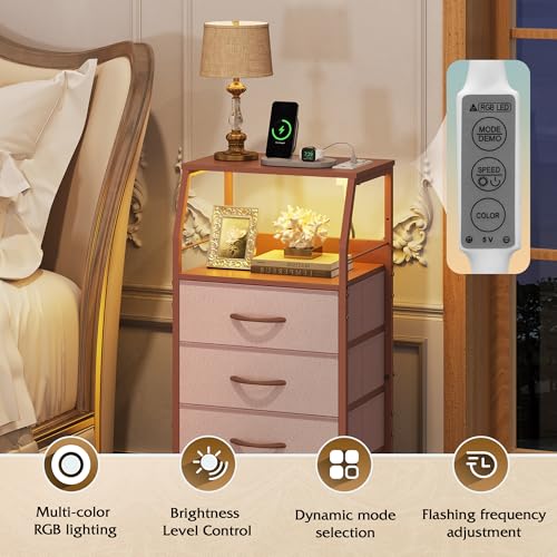 WLIVE 4 Drawer Dresser for Bedroom, 37" H Nightstand with Charging Station and Led Light, Tall Night Stand Bed Side Table, End Table with USB Ports and Outlets, Fabric Bins, Wood Shelf, Pink - color: Pink, size: 4 Drawers