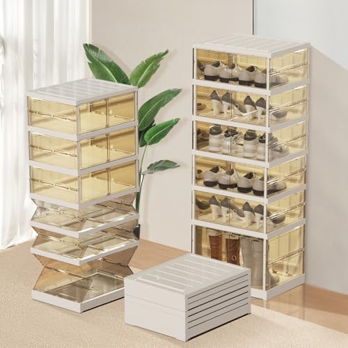 SYNCVIBE Shoe Rack Organizer for Closet Entryway Foldable Sneaker Storage Shoe, Collapsible Shoe Cabinet, Stackable Shoe Storage Cabinet with Lids for Living Room (6 Tiers -12 Pairs Transparent) - size: 6 Tiers -12 Pairs Transparent