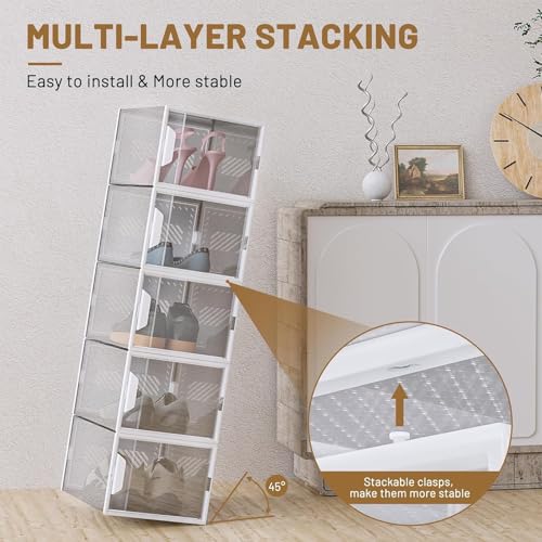 6-Pack Clear Plastic Stackable Shoe Storage Boxes for Sneakers, Boots, for Entryway, Living Room, Bedroom, Garage, Car Trunk, as Shoe Rack Substitute and Display Case for Small Space Organization - color: White