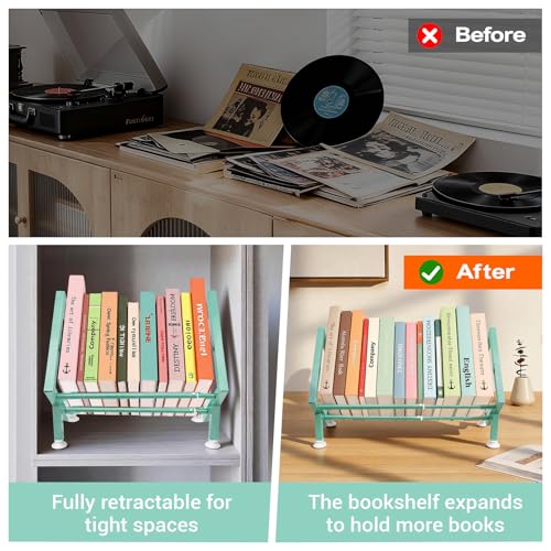 Expandable Desktop Bookshelf Organizer, Small Tabletop Book Storage Rack, Portable Green Bookshelf for Books/CDs/Magazine Display, Mini Bookcase for Top of Desk in Living Room, Office, Home Decor - color: Green