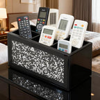 SHYFOY Glass Remote Control Holder with 6 Compartments TV Remote Caddy Storage Box,Desktop Organizer Store Controller,Glasses,Brush,Media Player,Pen,Space Saver for Bedside Table/Office Desk(Black)