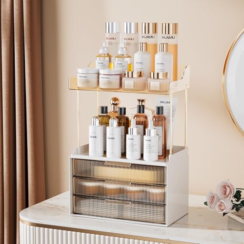 Delamu Bathroom Organizers and Storage, 2 Tier 3 Drawer Makeup Organizer Countertop, Easy to Install, Ideal for Bathroom Counter, Vanity, Ideal for Women Girls, Amber - color: Amber, size: 3Drawers 1 Pack