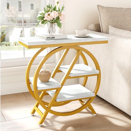 LITTLE TREE End Table, 4-Tier Narrow Faux Marble Side Table with Large Storage Space, Modern Nightstand and Bedside Table for Living Room, Home Office, Bedroom, White and Gold - color: White and Gold