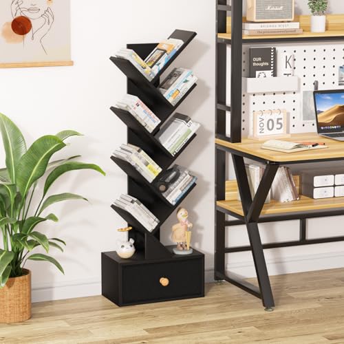 SHEEPAM 8 Tier Tree Bookshelf with Drawer, Free Standing Wood Bookcase for Living Room, Bedroom, Home Office, Space Saving Storage Organizer Bookshelves for Books, CDs, Vinyl Records- Black - color: Classic Black, size: 8 Tier