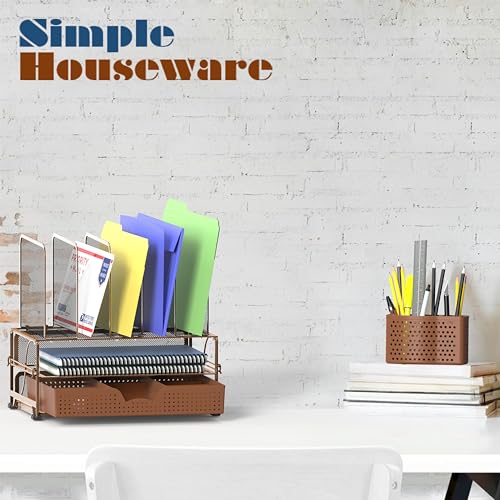 Simple Houseware Mesh Desk Organizer with Sliding Drawer, Double Tray and 5 Upright Sections, Copper - color: Copper